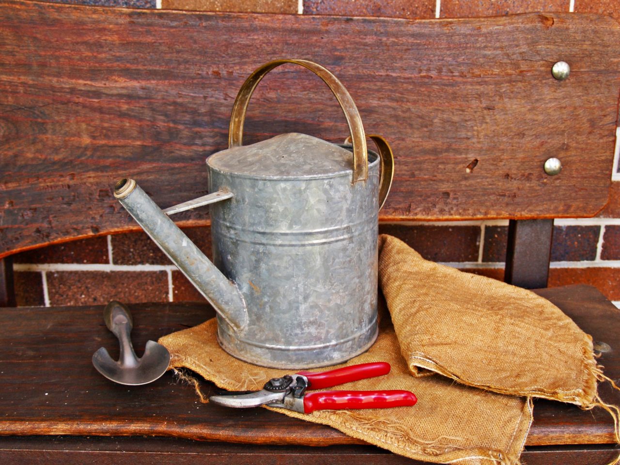 Photo of watering can and garden hand tools.